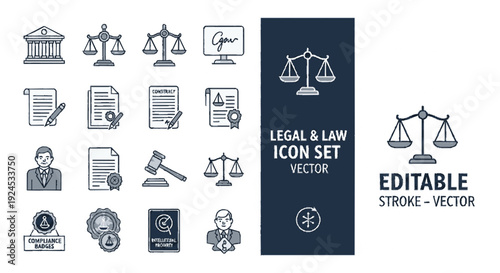 Collection of legal icons including scales of justice law documents judges gavel and courthouse building vector illustrations for law