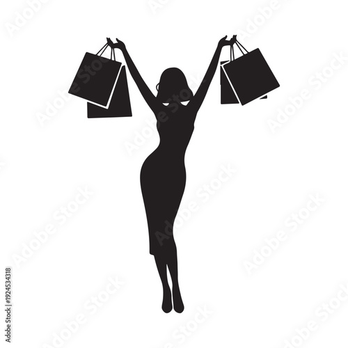 Silhouette of a woman joyfully holding shopping bags above her head