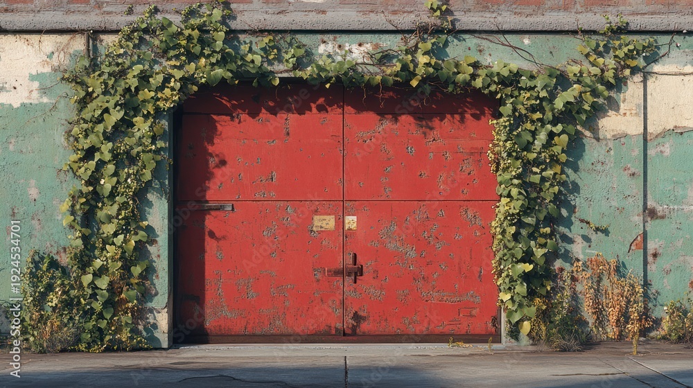 Fototapeta premium Rustic Red Garage Door Covered in Green Vines.