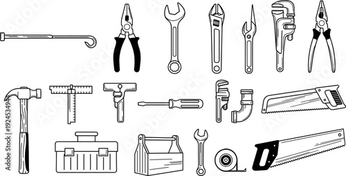 Hand tools outline icon set, construction repair equipment vector illustration, wrench pliers hammer screwdriver saw toolbox symbols for workshop maintenance design