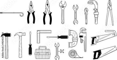 Hand tools outline vector set, wrench pliers hammer screwdriver saw collection, construction repair equipment illustration, mechanical workshop icons isolated on white background