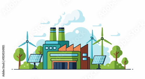 Sustainable energy factory with wind turbines and solar panels.