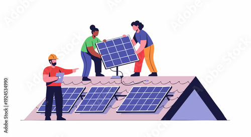 Solar panel installation team working on rooftop for energy.