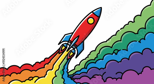 Colorful rocket ship soaring through rainbow colored clouds in the sky.