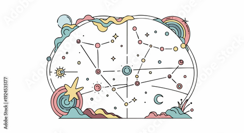 Celestial Chart with Constellations and Stars.