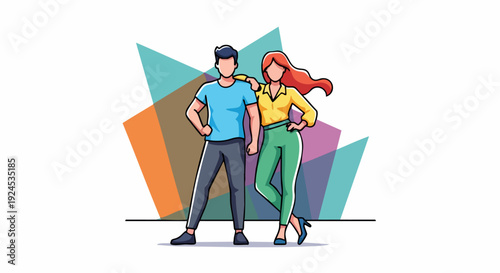 Confident young man and woman couple posing together cartoon illustration.
