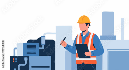 Engineer inspecting industrial machinery with clipboard and pen.
