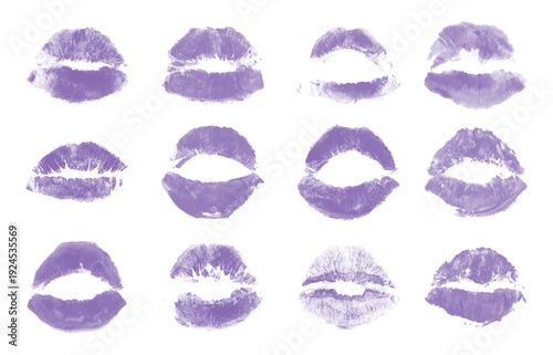 Collection of blue lipstick mark isolated on a white background. Set of lip prints on white background