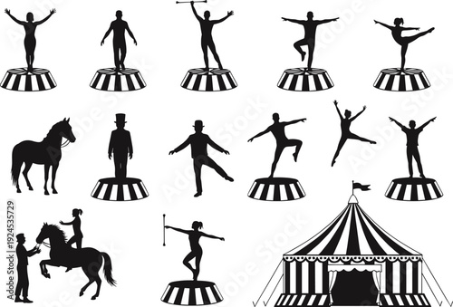 Vintage circus performer silhouettes featuring acrobats, baton twirlers, horse trainers, ringmaster, and classic striped tent in dynamic theatrical vector illustration for stock use