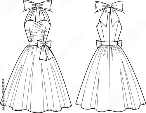 Vintage Halter Neck Dress with Ruched Bodice and A-Line Skirt, Large Bow Detail, Women's Fashion Flat Technical Drawing Vector