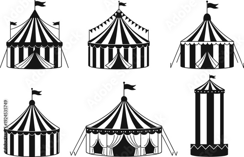 Vintage circus tent collection in black and white, classic carnival big top designs, retro festival tents, striped fairground structures, vector illustration set