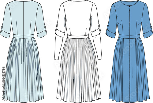 Vintage Inspired Midi Dress Flat Sketch Technical Drawing, Full Pleated Skirt, Half Sleeves with Tabs, High Waistline, Front Zip Closure, Vector Illustration with Color and Outline Views.