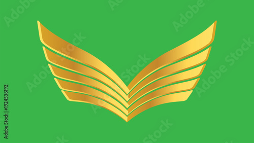 Elegant golden wing emblem isolated on green background. Luxury metallic logo element suitable