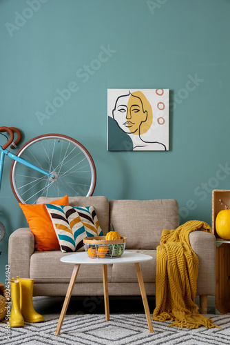 Sofa, table and basket with...