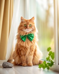 Fluffy ginger cat with a bright green bow tie, sitting by the window for Saint Patrick's Day