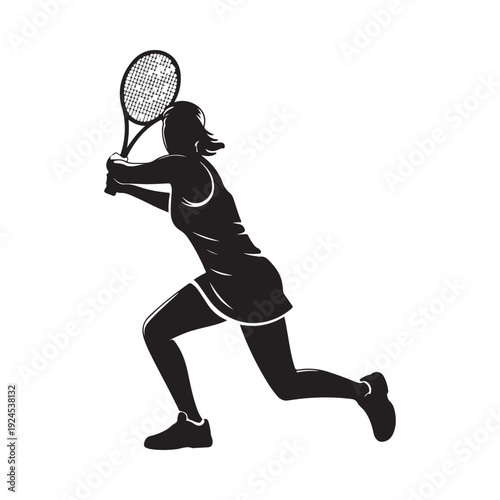 Silhouette of a female tennis player in mid swing focused on the game