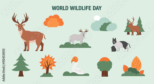 Illustration celebrating World Wildlife Day with various animals like deer, elk, and a tapir, alongside trees and natural elements on a light green background.