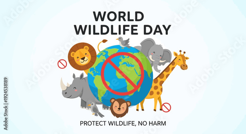 World Wildlife Day illustration featuring a globe with a prohibition sign, surrounded by diverse animals like a lion, elephant, giraffe, rhino, and monkey, promoting protection.