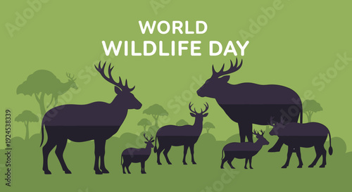 World Wildlife Day illustration featuring silhouettes of deer, stags, and other wild animals against a green background with trees, promoting wildlife conservation.