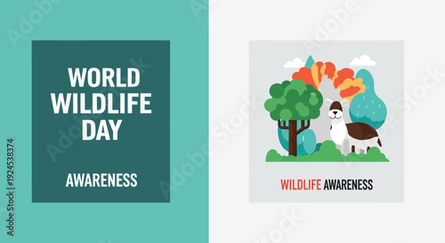 Two graphics promoting World Wildlife Day and general wildlife awareness, featuring text and an illustration of an animal in a natural habitat.