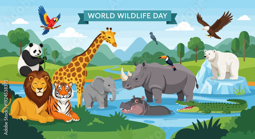 World Wildlife Day illustration featuring a diverse collection of wild animals in their natural habitats, including a lion, tiger, giraffe, elephant, rhino, hippo, crocodile, panda, polar bear