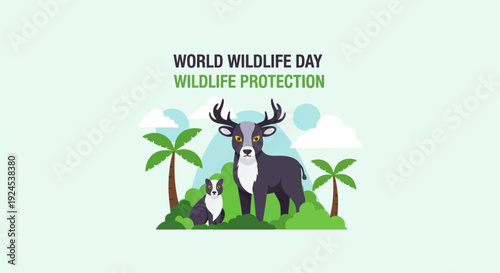 Illustration celebrating World Wildlife Day with a majestic deer and a small badger in a lush green forest landscape, promoting wildlife protection.