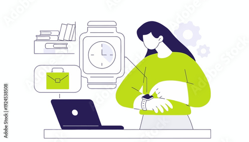 Businesswoman checks her watch while working on laptop at office desk with briefcase nearby