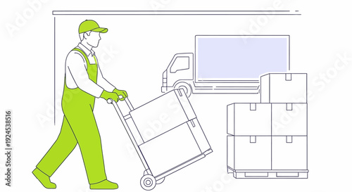 Man in green overalls pushing a dolly with boxes into a truck