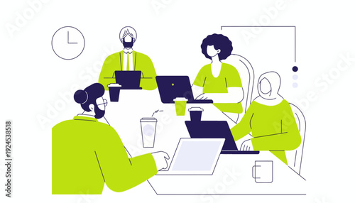 People working on laptops in a meeting room with colleagues