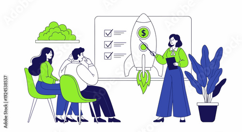 Business team discussing project on whiteboard with woman presenting