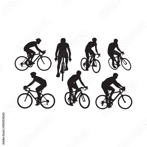 Silhouettes of cyclists on bicycles in various riding positions