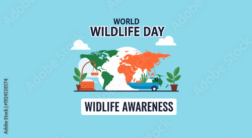 An illustration celebrating World Wildlife Day with a world map, trees, plants, and a car, promoting wildlife awareness and environmental protection.