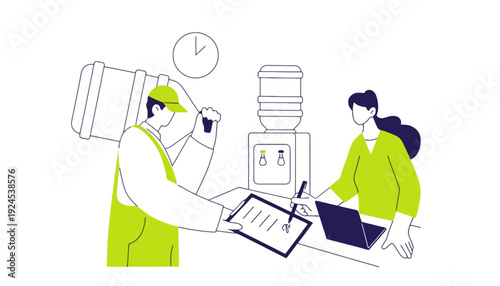 Office worker and colleague interact by water cooler with clipboard and laptop nearby during work hours