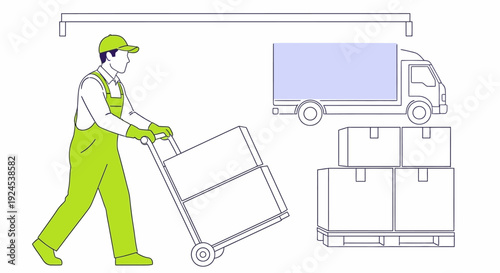 Worker pushing cart with boxes to truck in industrial setting