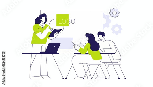 Two coworkers collaborate on a project at a table with laptops and papers