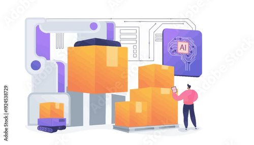 A person interacts with large boxes in a futuristic industrial setting with AI