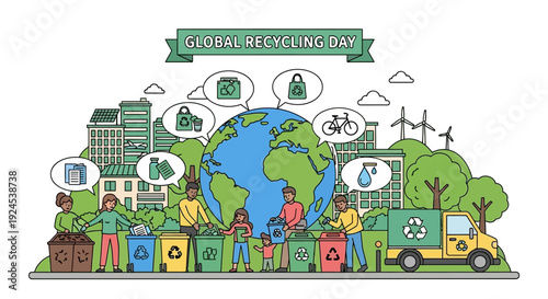 Illustration of Global Recycling Day with diverse people sorting waste into bins, promoting environmental protection and sustainability around a central Earth.