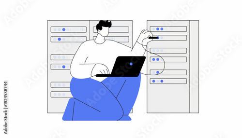 A man sitting with a laptop and interacting with software interface