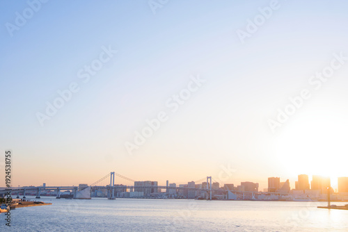 Photos Wide-Angle View of a Massive Coastal Bridge in Tokyo Bay at Sunset with Ample Co