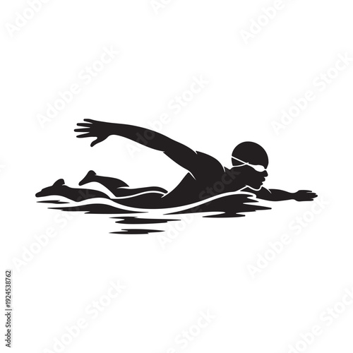 Silhouette of a swimmer in freestyle stroke depicted in monochrome style