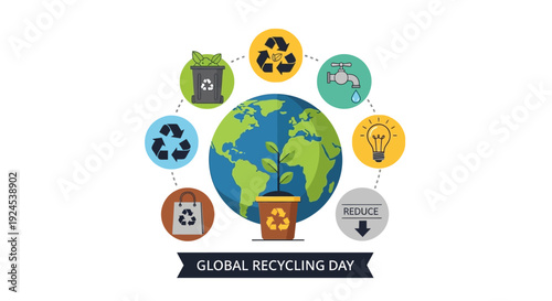 Illustration of Global Recycling Day with Earth, a growing plant, and various environmental conservation icons surrounding the globe.