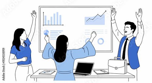 People celebrating with hands raised around a presentation board