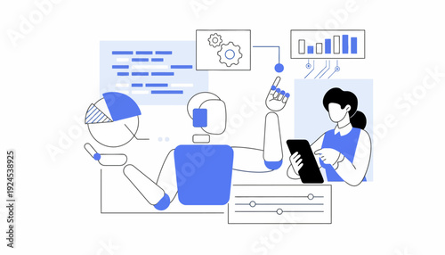 A robot and woman interact with digital graphs and charts in a modern office setting with technology.