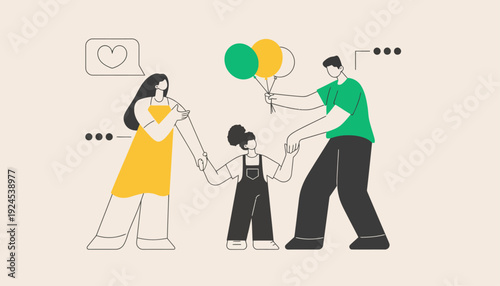 Family holds balloons together outdoors in a happy scene