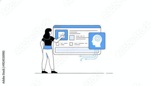 A woman interacts with an AI interface on a large screen displaying a head icon and various symbols.