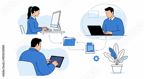 People working on laptops and tablet in office setting with technology