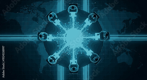 Futuristic security cameras forming a circular pattern around a central glowing light on a dark grid background with blue neon accents