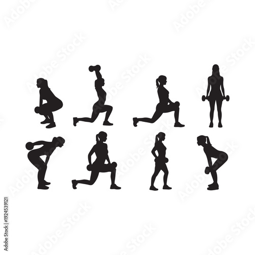 Silhouette series depicting various dynamic lunge and squat exercise positions