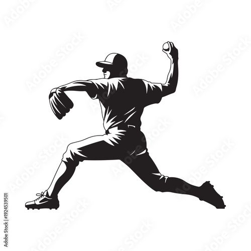 A black and white silhouette of a baseball pitcher in mid throw action