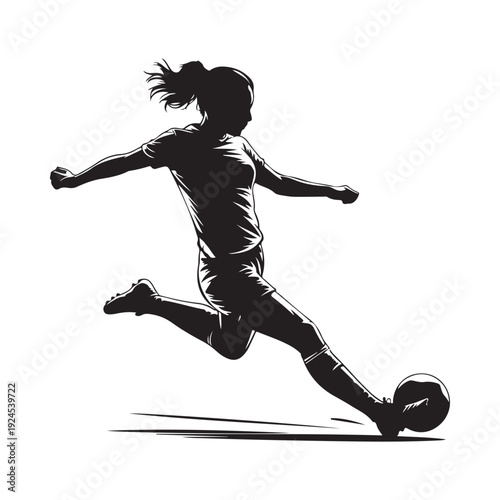 Silhouette of a female soccer player kicking a ball in dynamic action